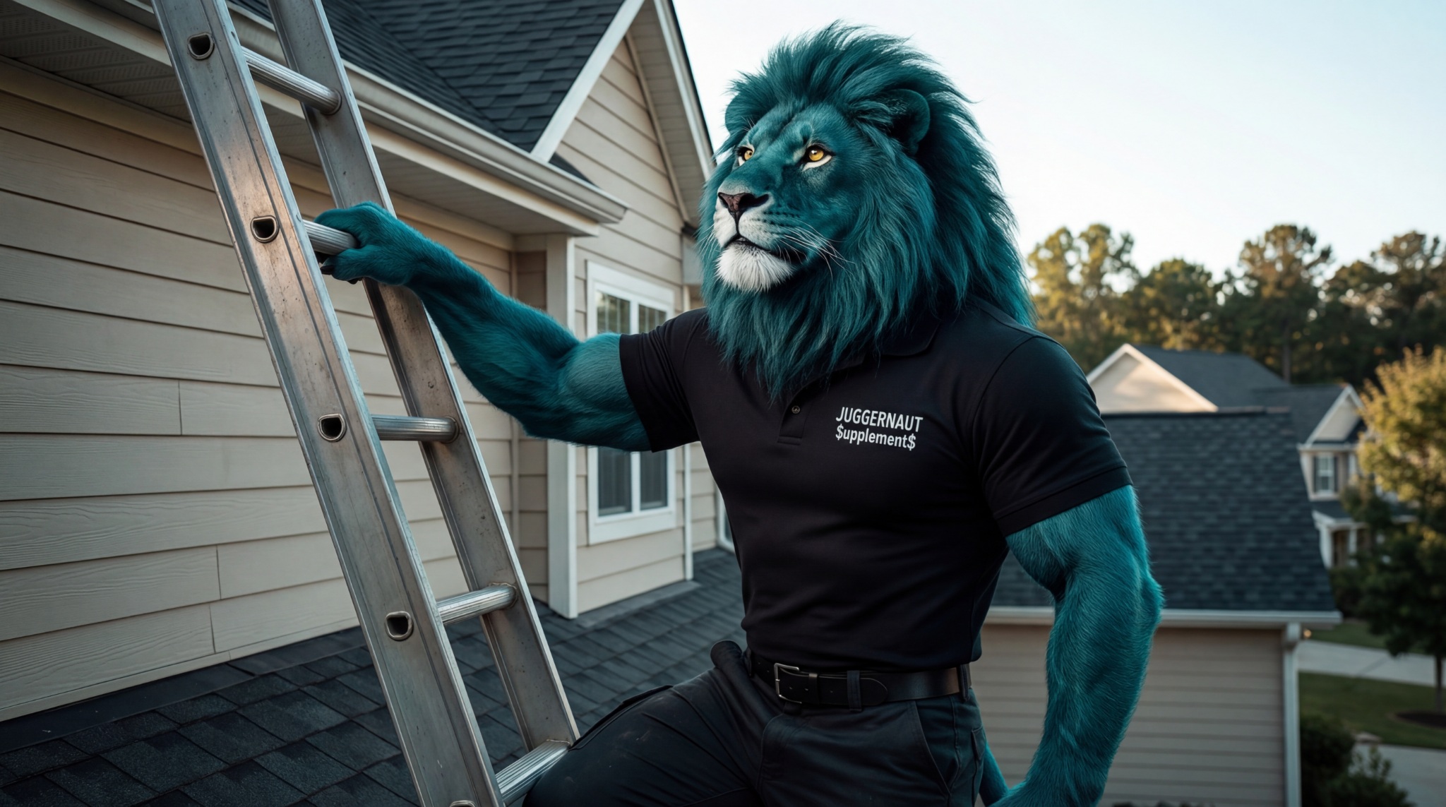 The Juggernaut lion carrying a ladder up to a roof